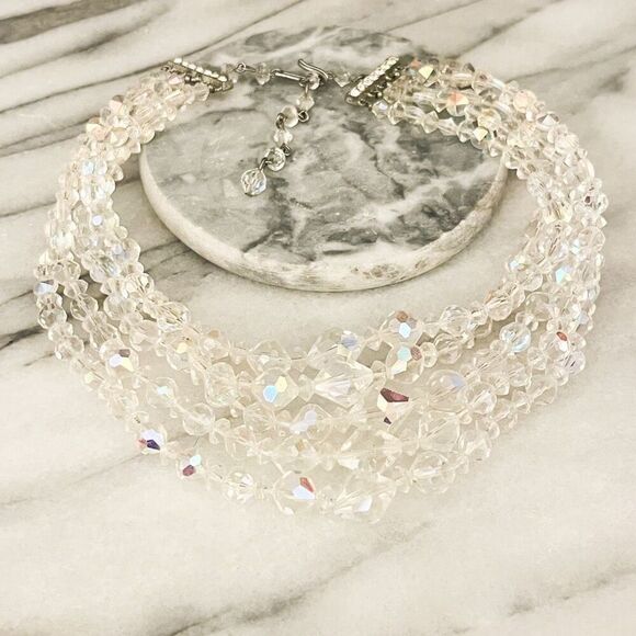 Vintage AB Crystal Necklace Clear Iridescent 5 Strand Layered Hook Closure - Picture 2 of 7